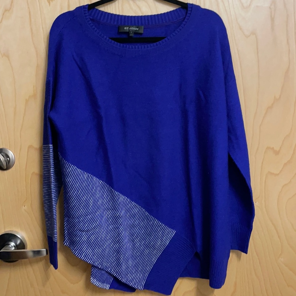 St. John Cobalt Blue Sweater with Diagonal Stripes